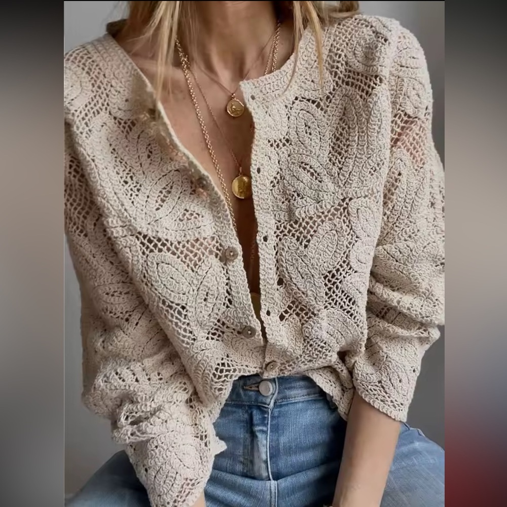 Floral Crochet Top long sleeve button up Crochet cream khaki Beige beach summer